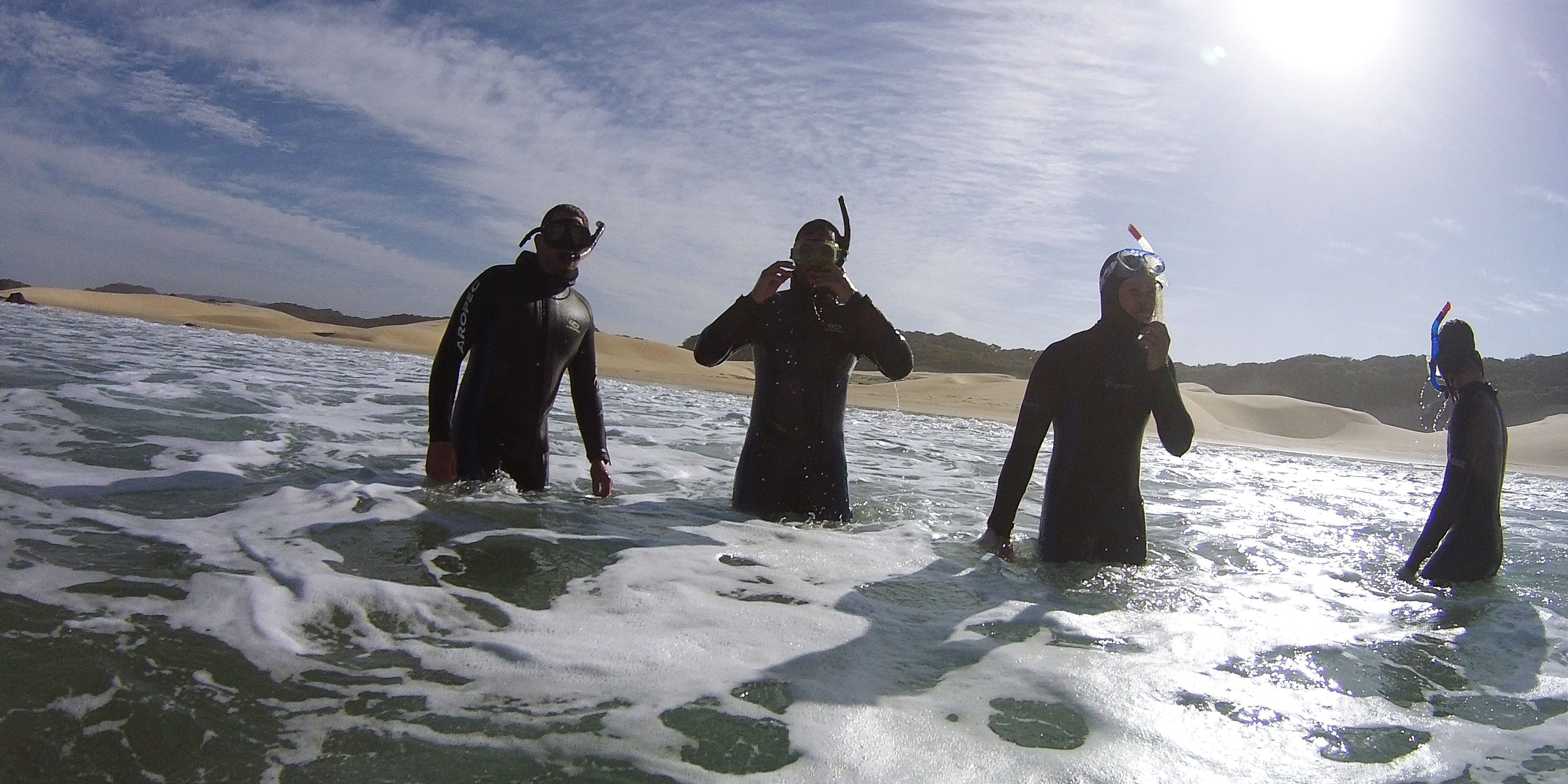Marine Guide-Studenten stehen in der Brandung des Meeres vor Suedafrika Kueste und beenden oder beginnen gerade ihren Schnorchelausflug