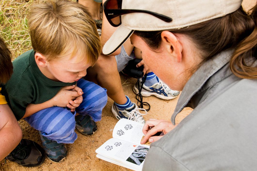 Ein Guide zeigt einer Familie auf einer Pirschwanderung in Suedafrika Insekten am Boden