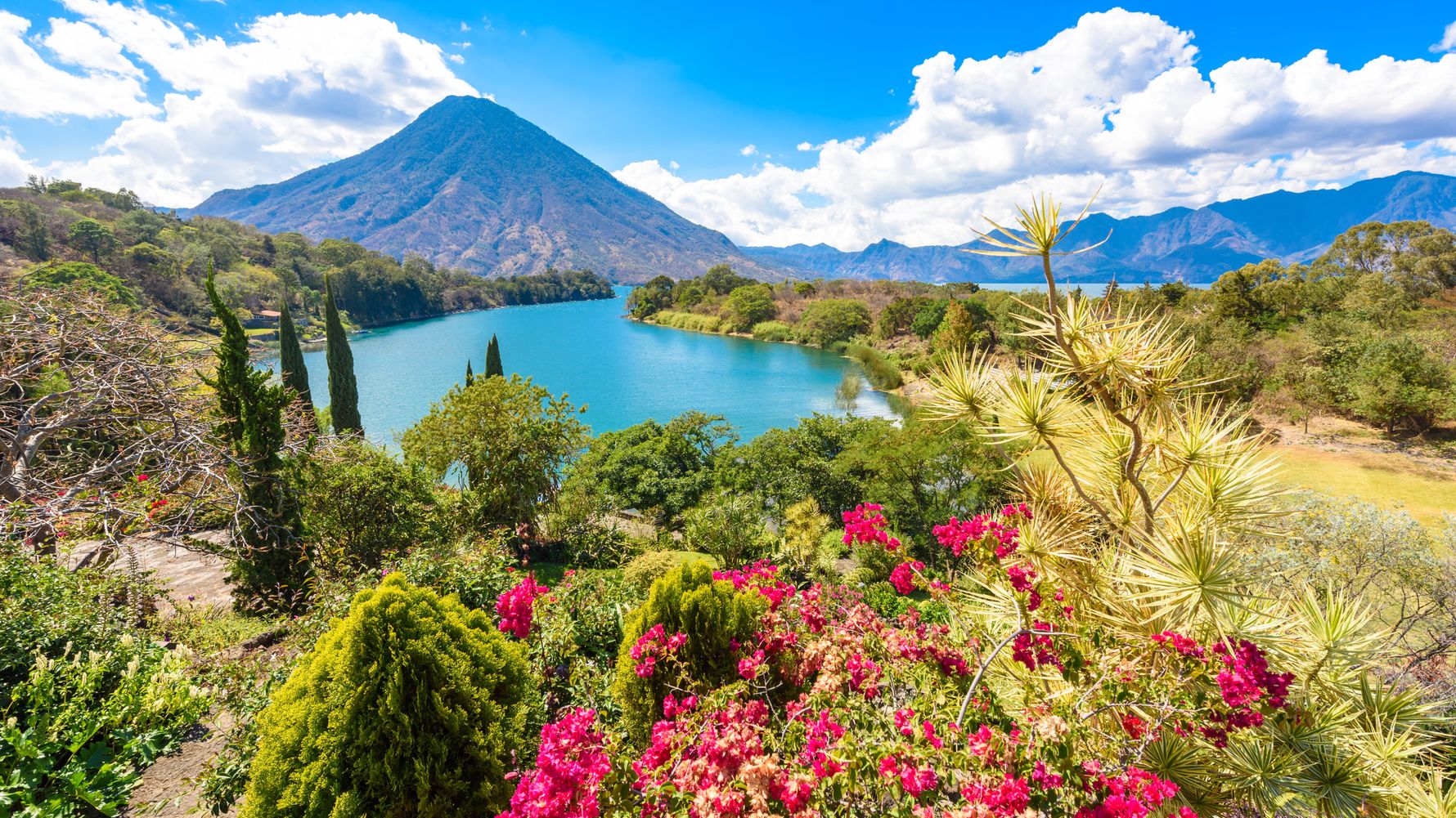 View of Atilan mountain and lake with flowering plants