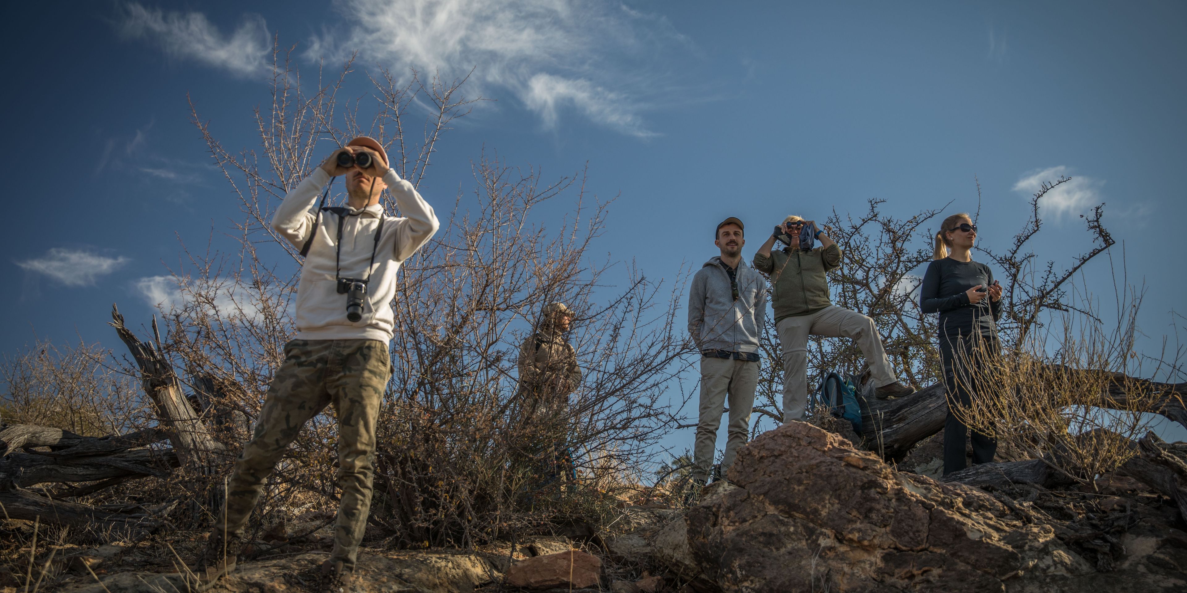 Eine Gruppe von Teilnehmern halten per Fernglaesern Ausschau nach Tieren