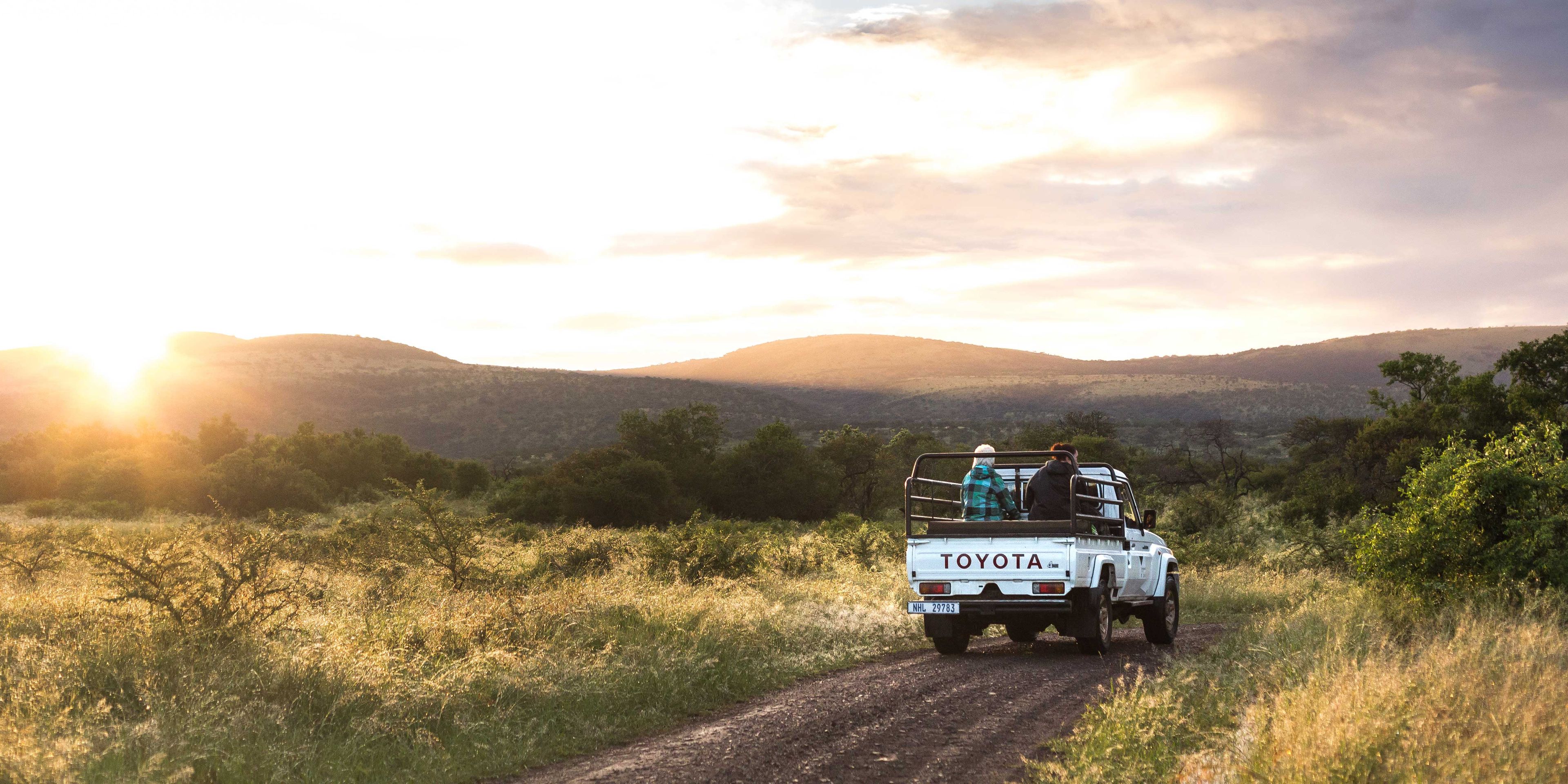 Artenschutz-Helfer durchstreifen in einem Gelaendewagen die suedafrikanische Savanne