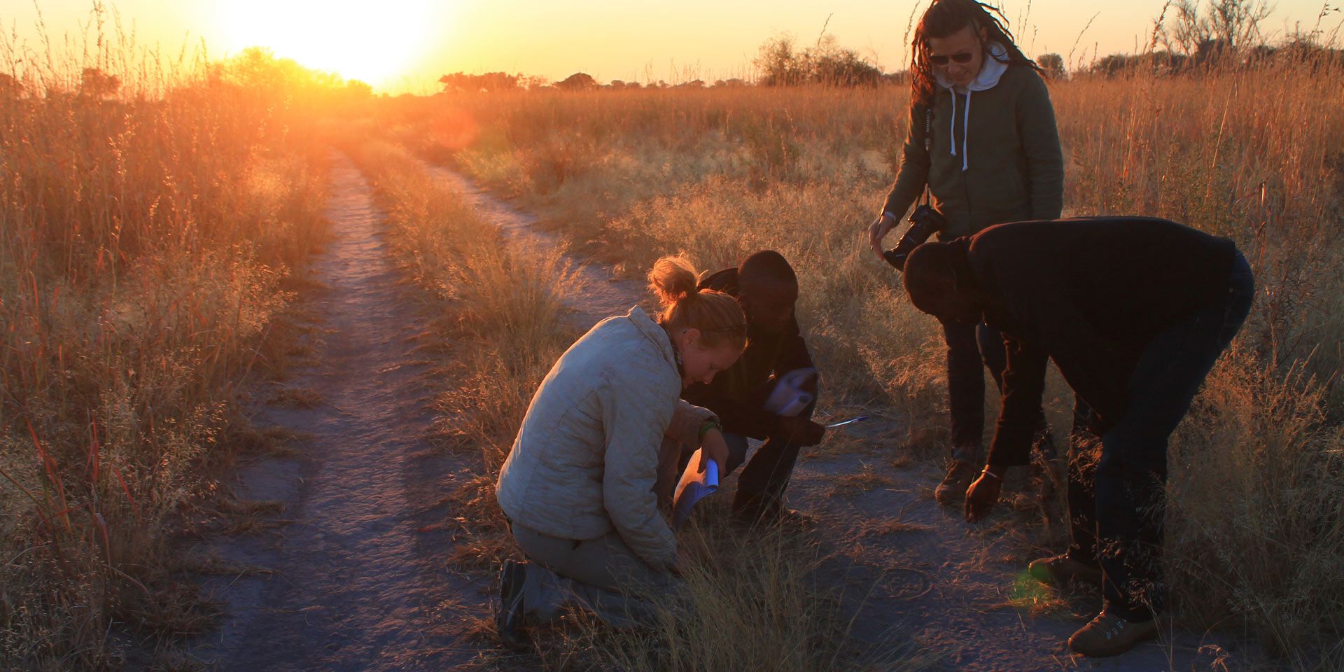 Volunteers trainieren bei einem Game Walk in Botswana ihre Faehigkeiten im Spurenlesen.