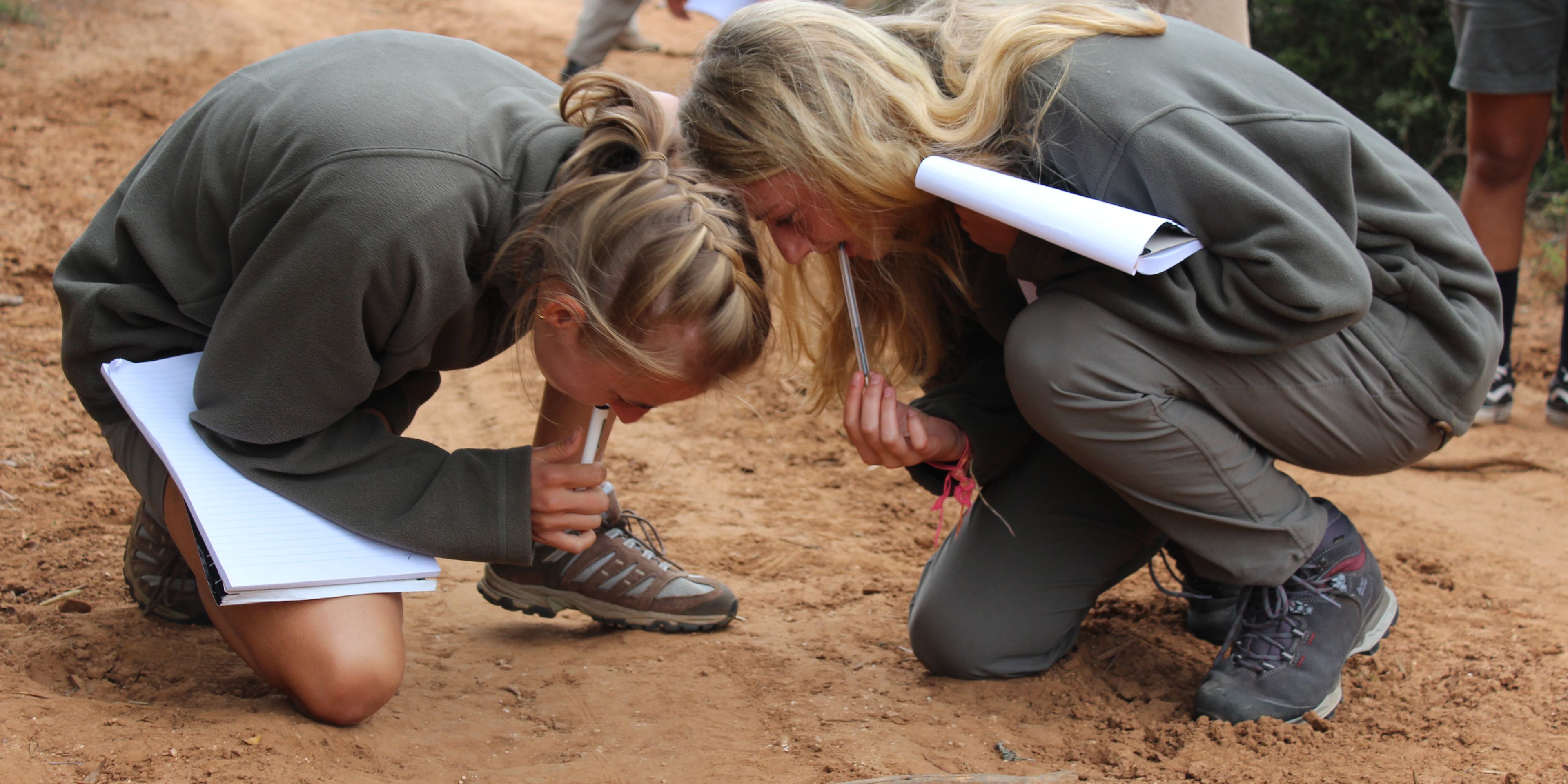 Zwei Field Guide-Studentinnen versuchen in Suedafrikas Amakhala Game Reserve Tierspuren zu identifizieren