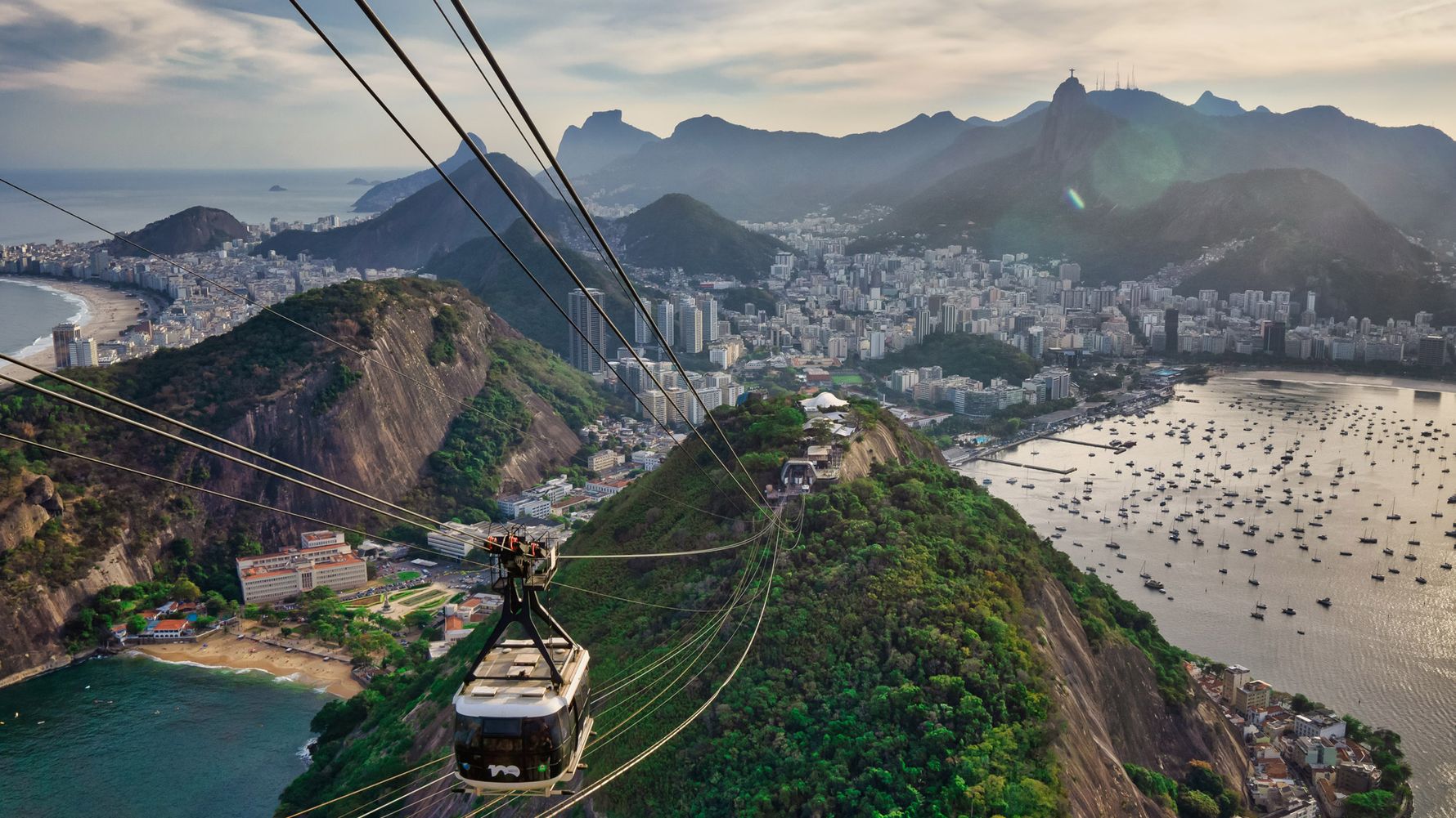 A cable car leads from one mountain top to the next in Rio De Janerio