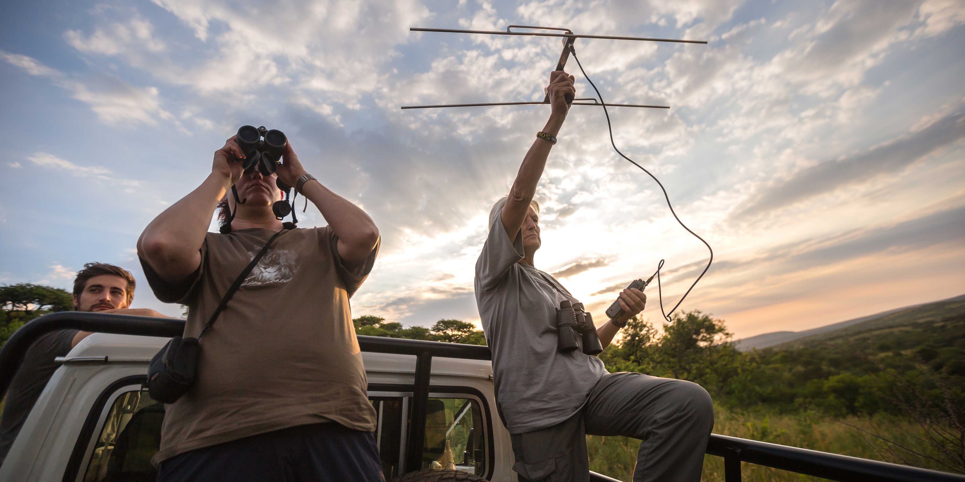 Teilnehmer unseres Trainingskurses zum Artenschutz in Suedafrika orten mithilfe von Telemetrie Wildtiere