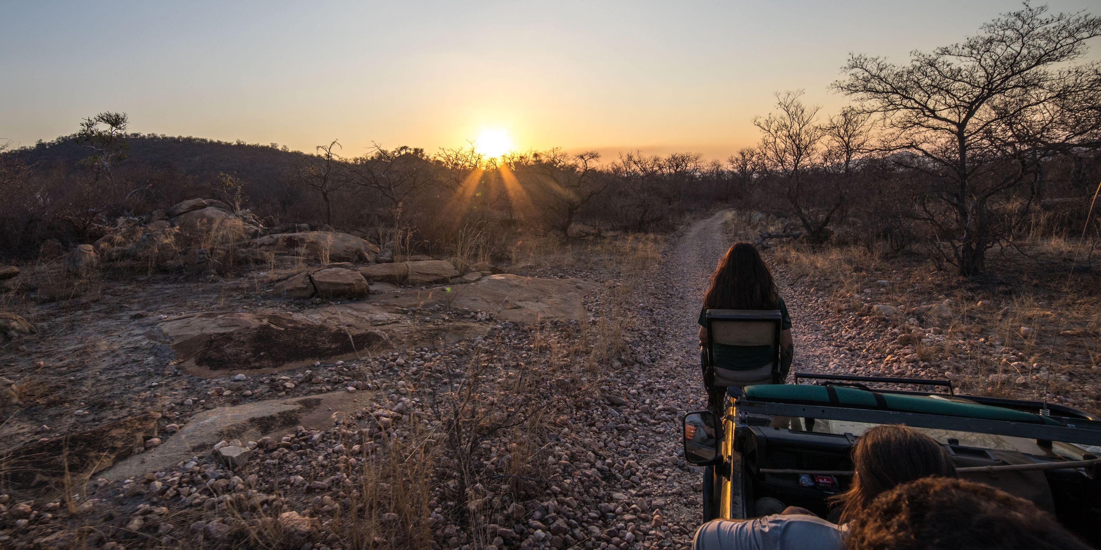 Eine Gruppe von angehenden Rangern fahren mit einem Gelaendewagen bei Sonnenaufgang durch den Busch