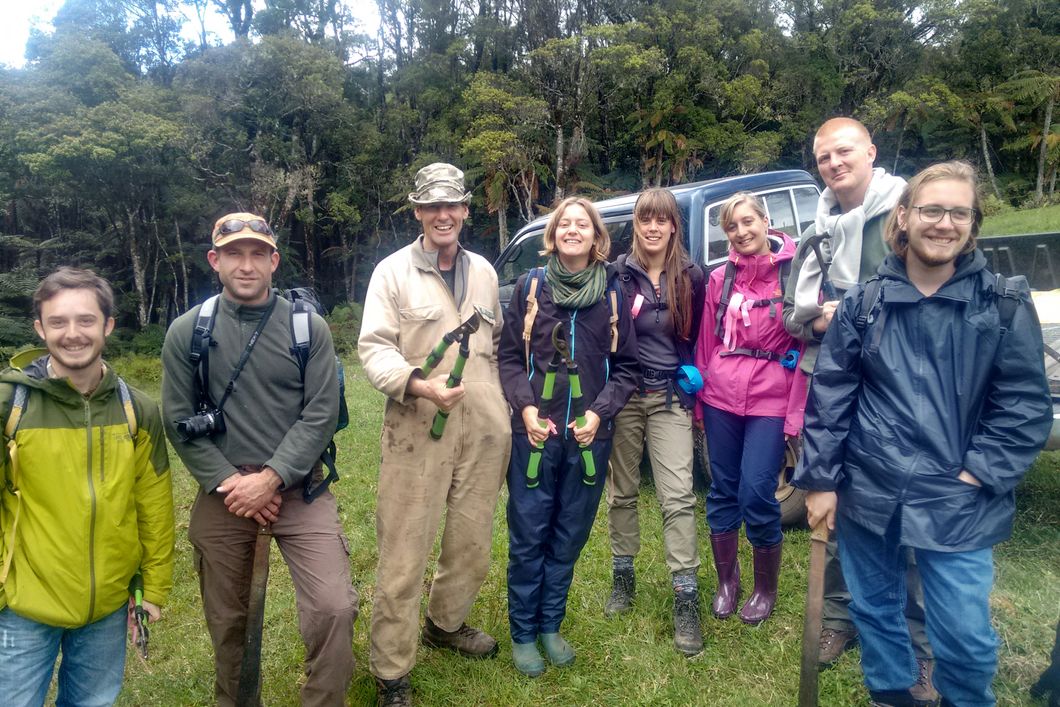 Volunteers unseres Naturschutzprojekts an Neuseelands Kauri Coast stehen zusammen auf einer Wiese