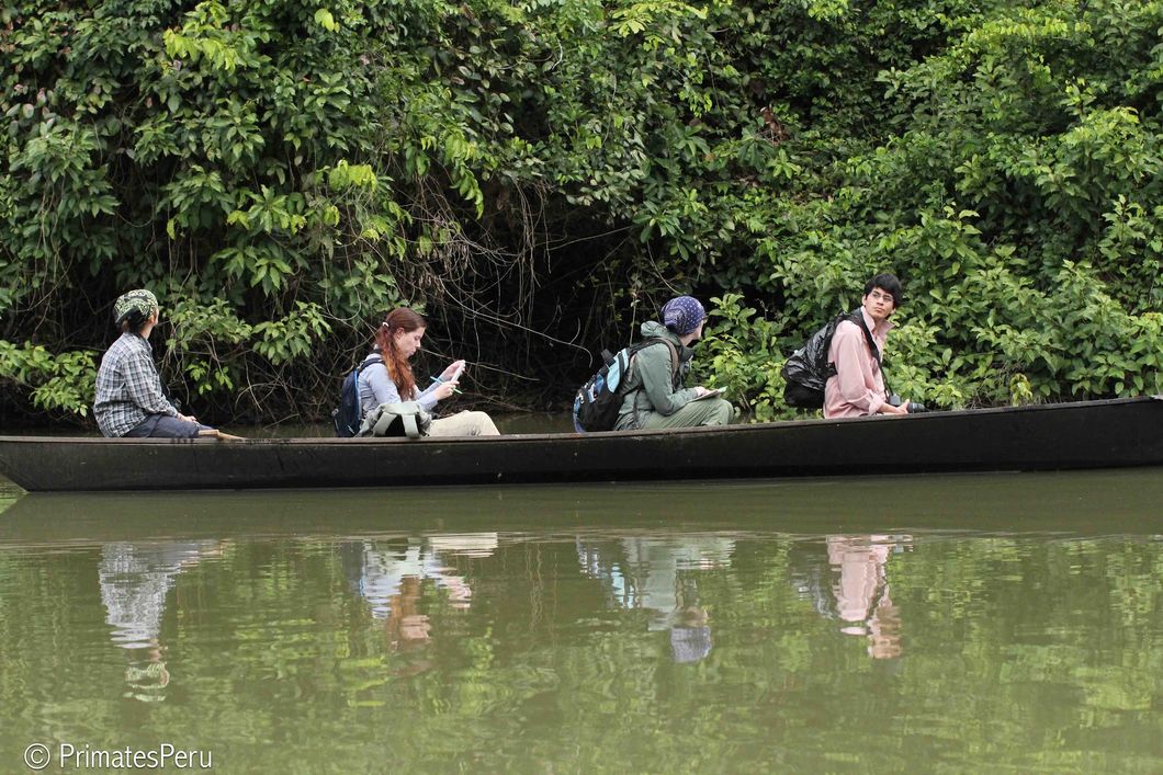 Studenten fahren waehrend eines Ausflugs mit einem Boot durch den Regenwald