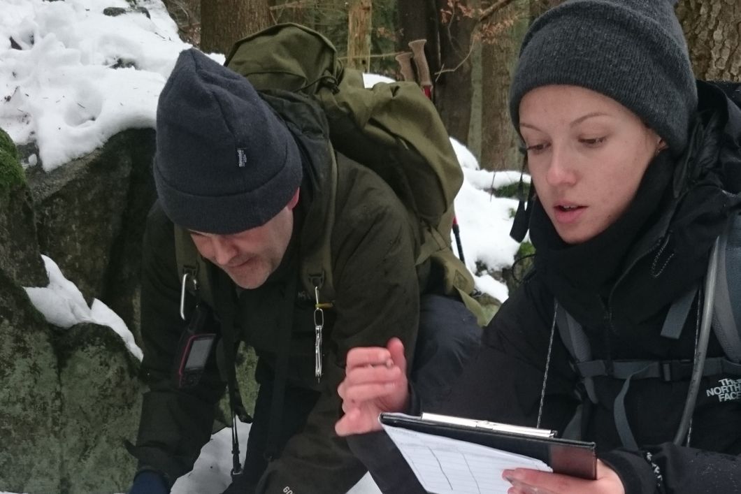 Zwei Volunteers des Wolfs- und Luchsprojekts bei Forschungsarbeiten im Wald