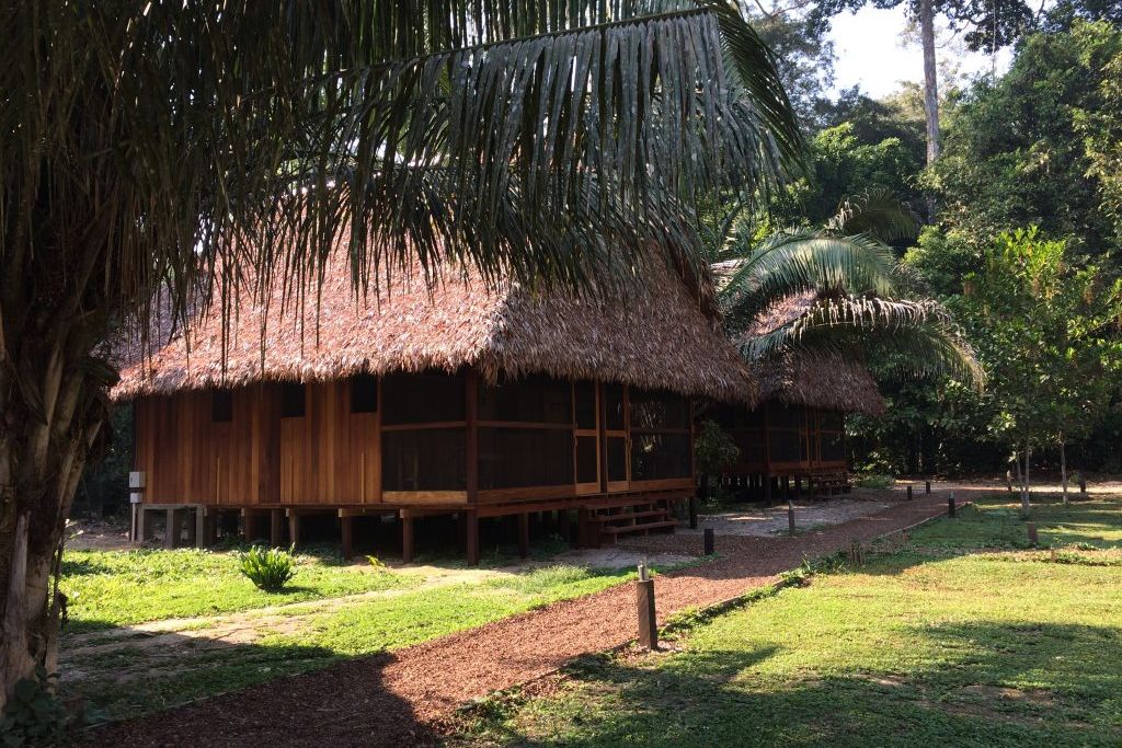 Unterkuenfte und Forschungsstationen des Rangerkurses am Rande des Regenwaldes in Suedamerika