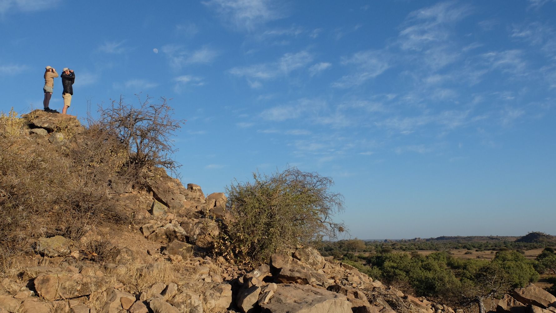Rangerausbildung: Zwei Field-Guide-Studenten blicken in die Savanne Afrikas
