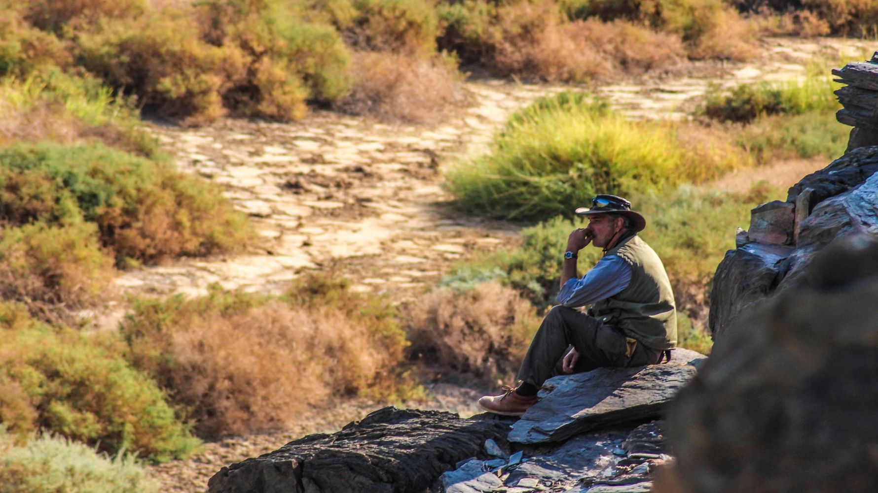 Ein freiwilliger Helfer blickt in die afrikanische Wildnis von Namibia