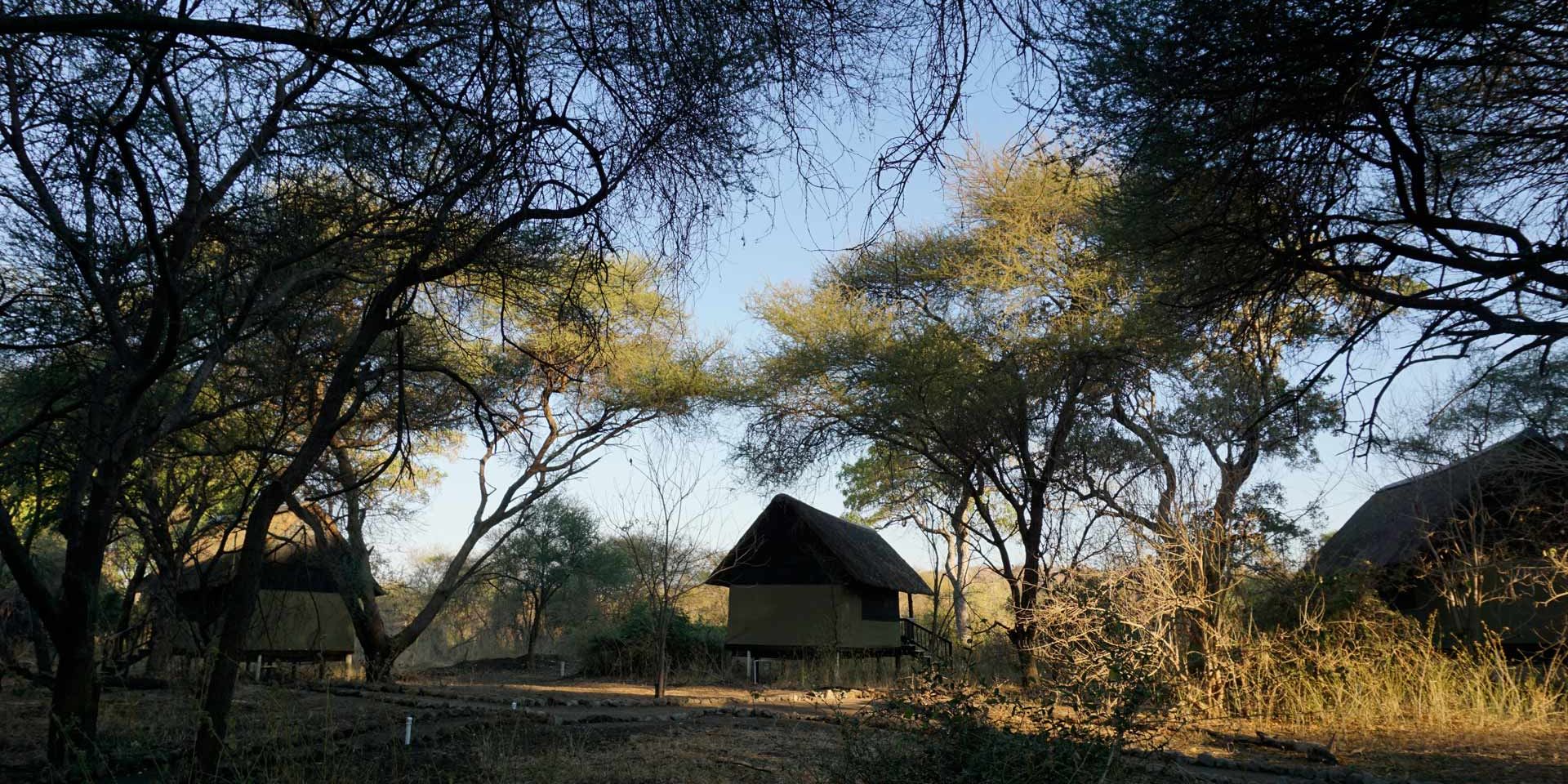 Die Huetten im Camp dienen als Unterkunft waehrend des Trips