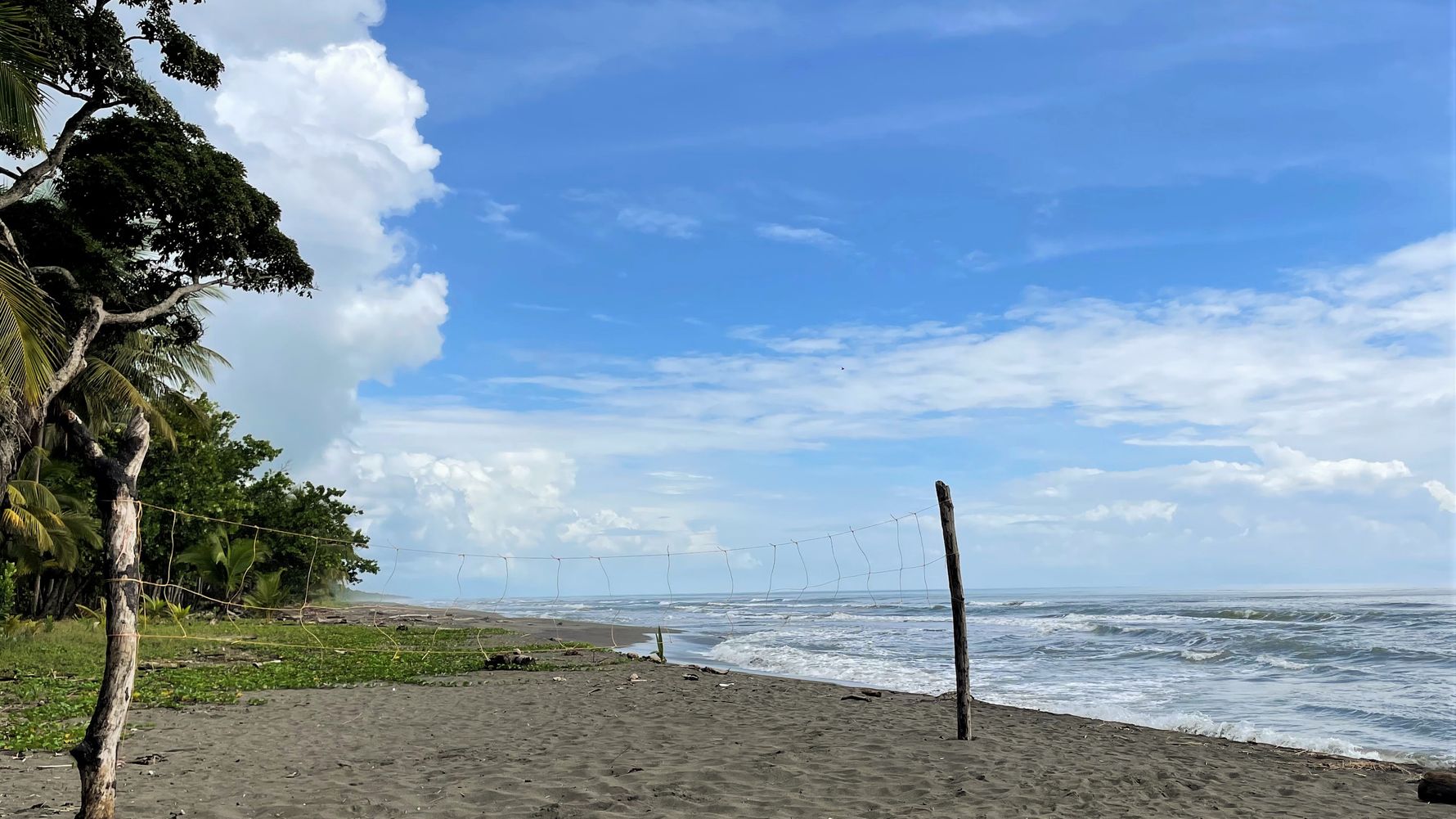 Zu sehen ist ein Strandabschnitt von Lateinamerika angrenzend an den Regenwald, mit einem leicht bewölkten Himmel