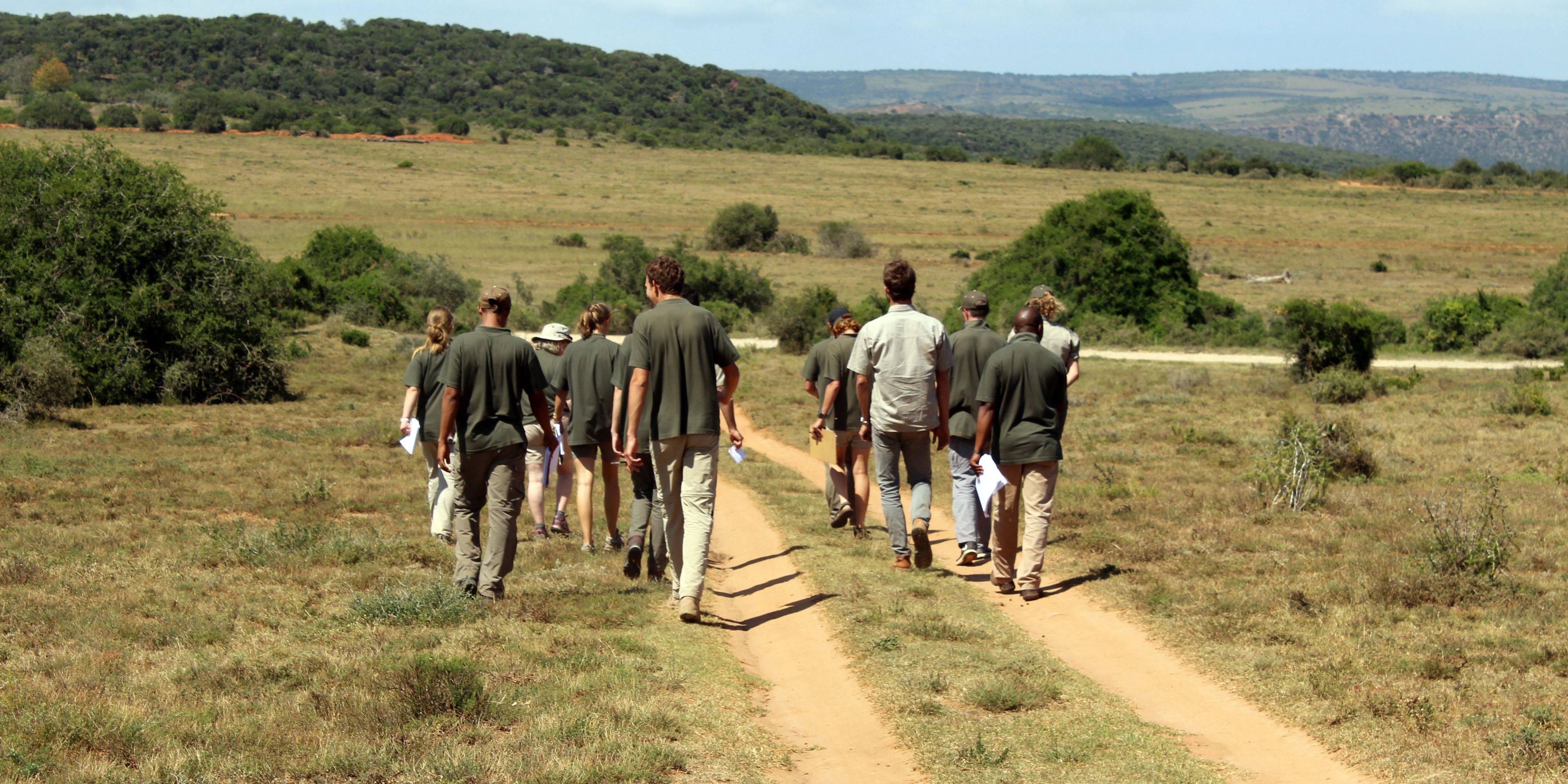 Eine Gruppe von Field Guide-Studenten in Suedafrika auf einem kleinen Fussmarsch durch die Landschaft