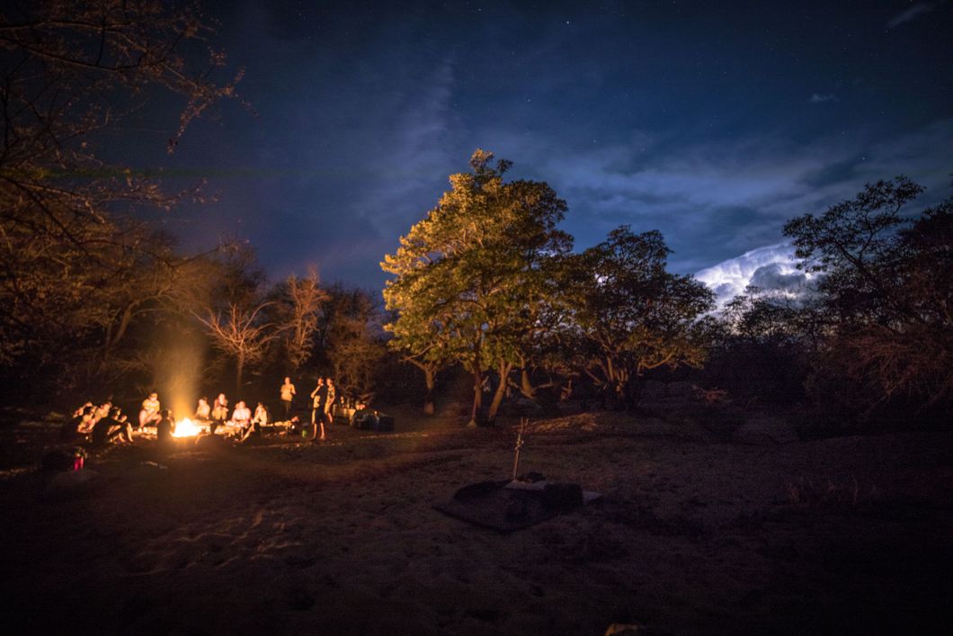 Eine Gruppe von Teilnehmern sitzt im Busch um ein grosses Lagerfeuer herum