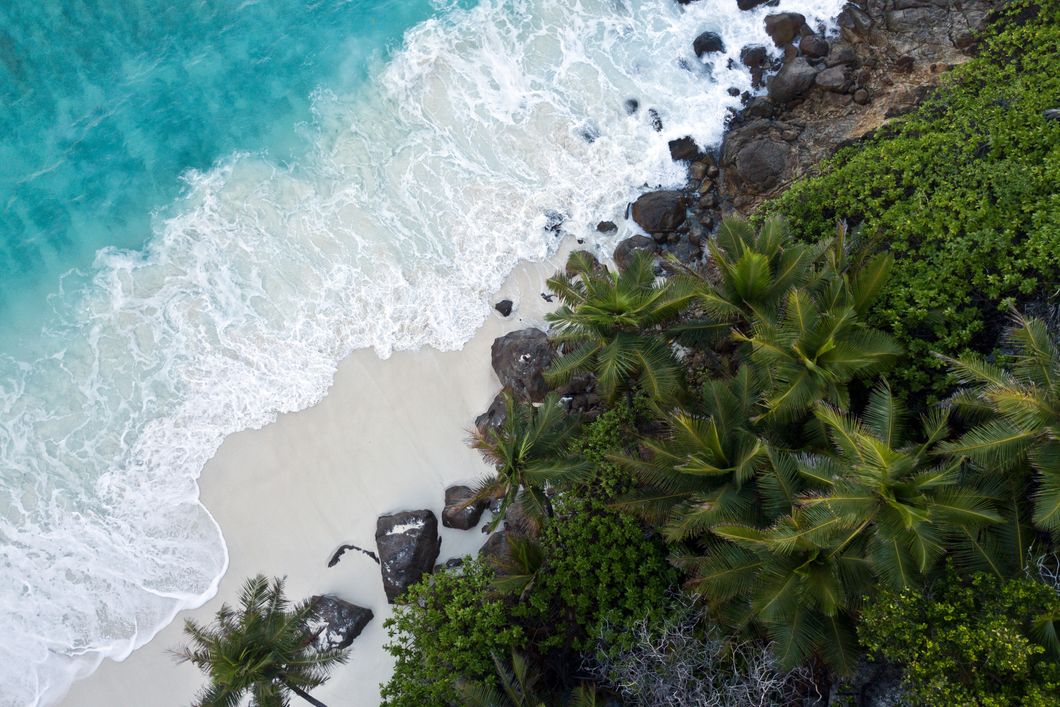 Drone shot of North Island in the Seychelles: The indian Ocean meets the island's palm beach
