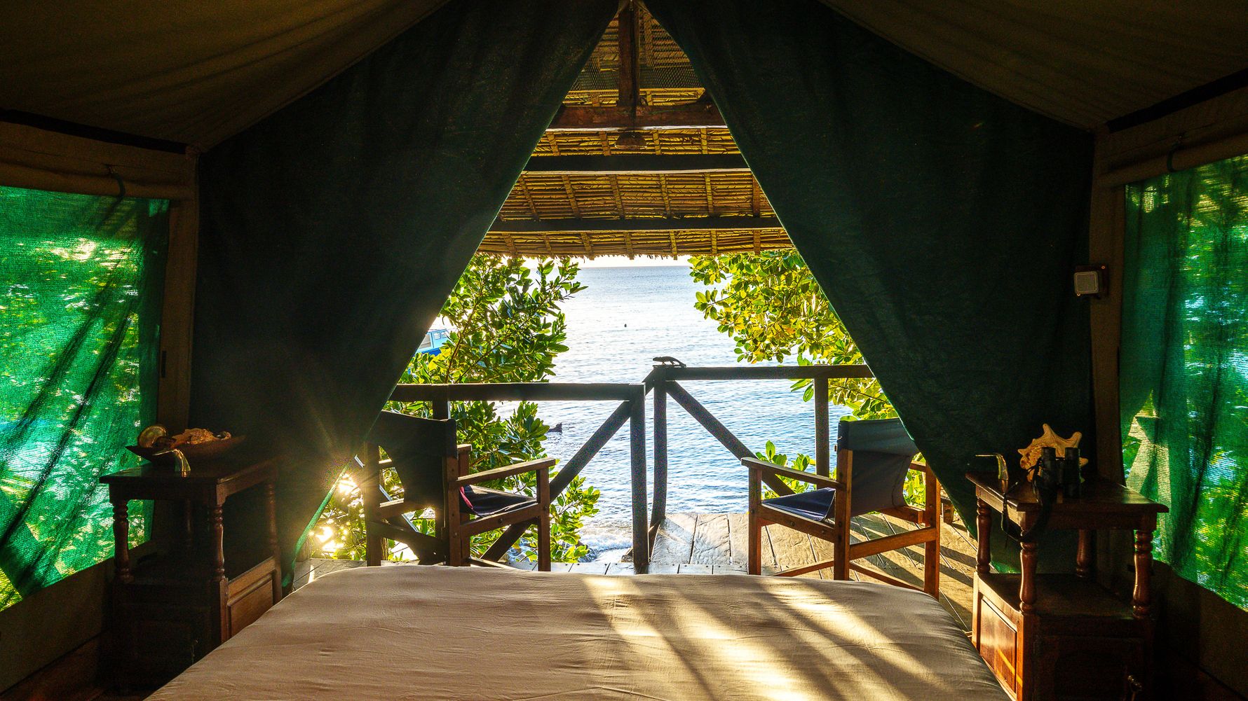 View from the stilt tent of the beach and water in Masoala