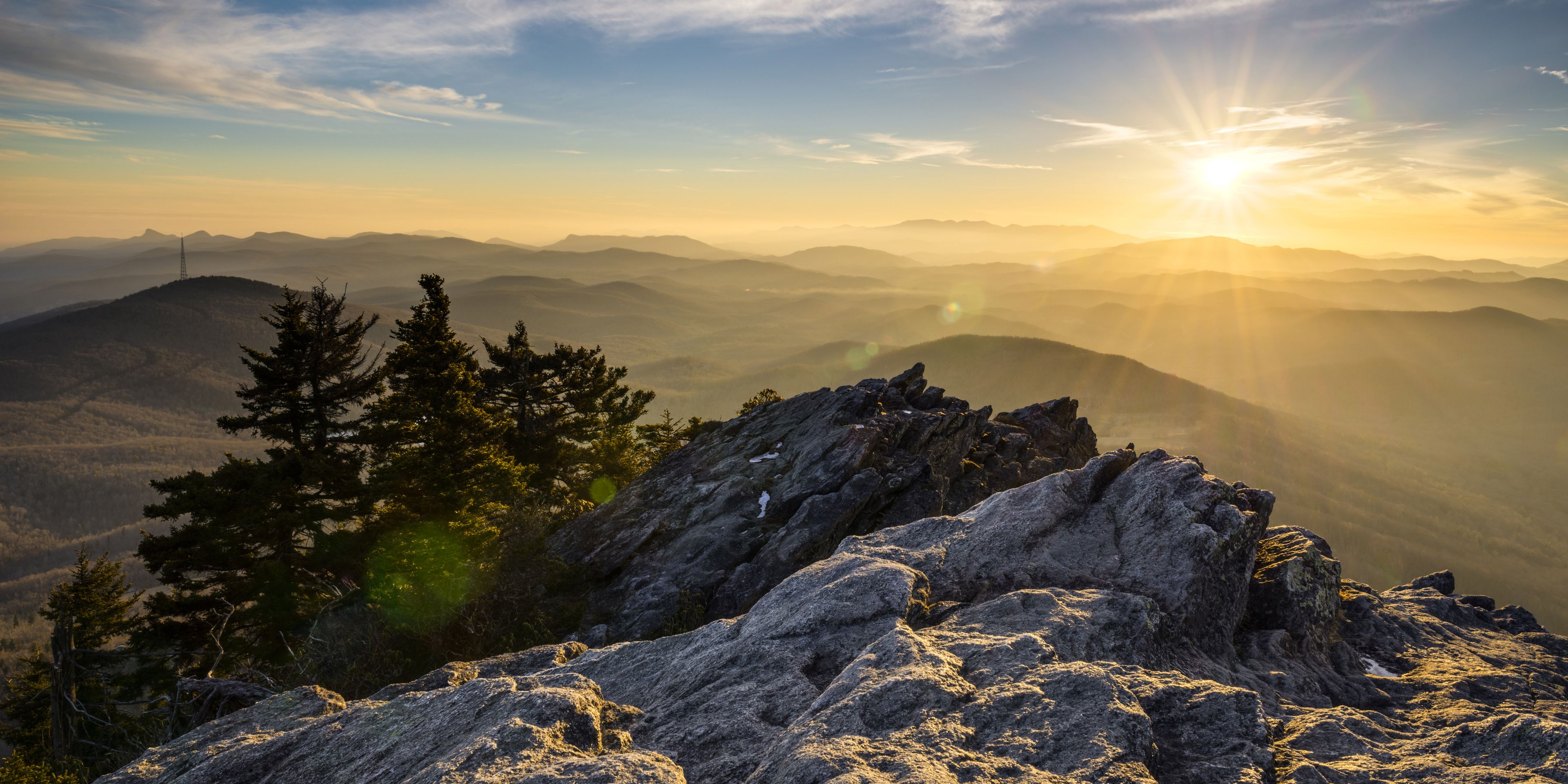 A forest and rock landscape in North Carolina is covered in the soft light of of the sunrise