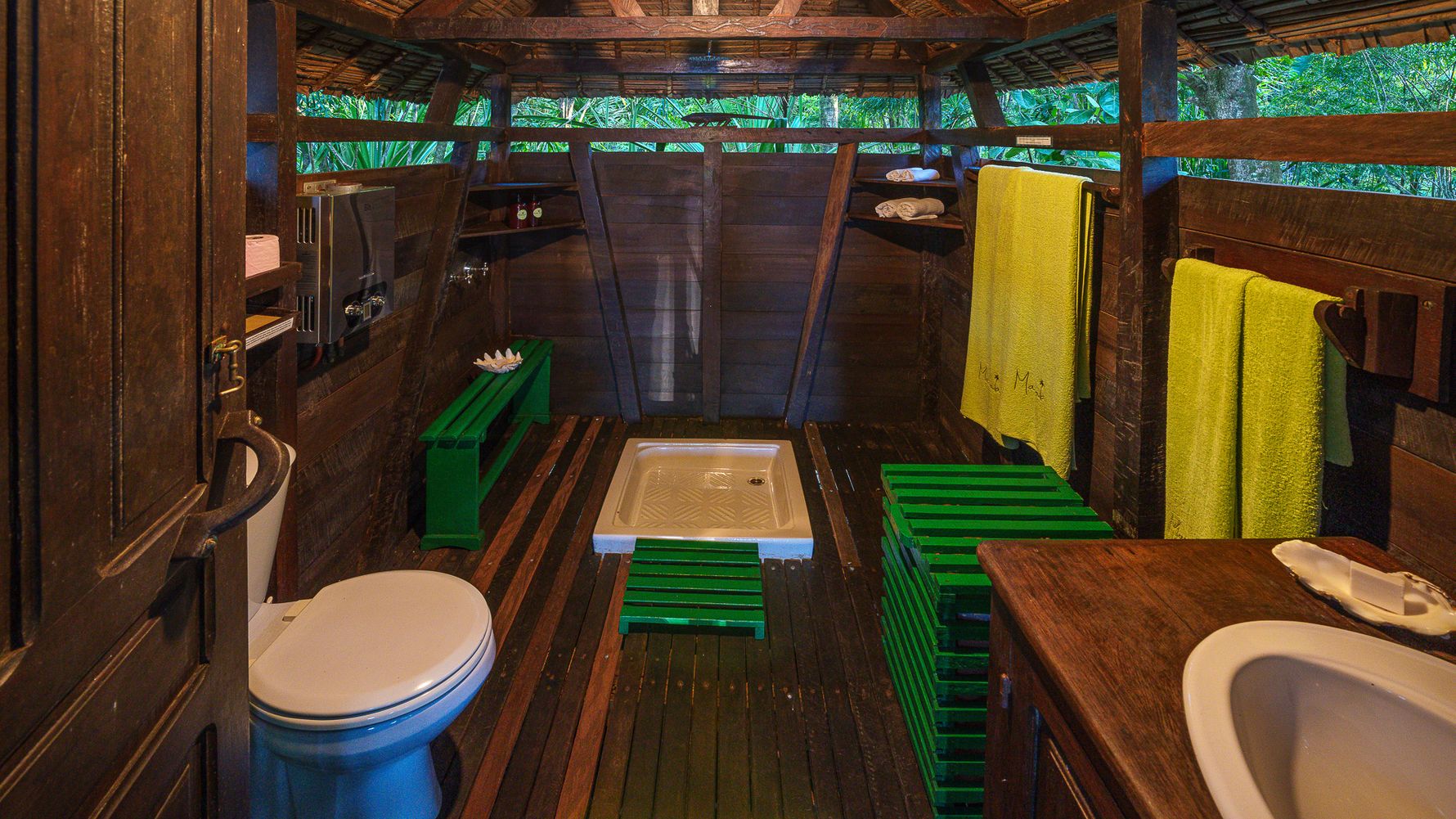 Wooden bathroom with a basic shower and a Western-style toilet