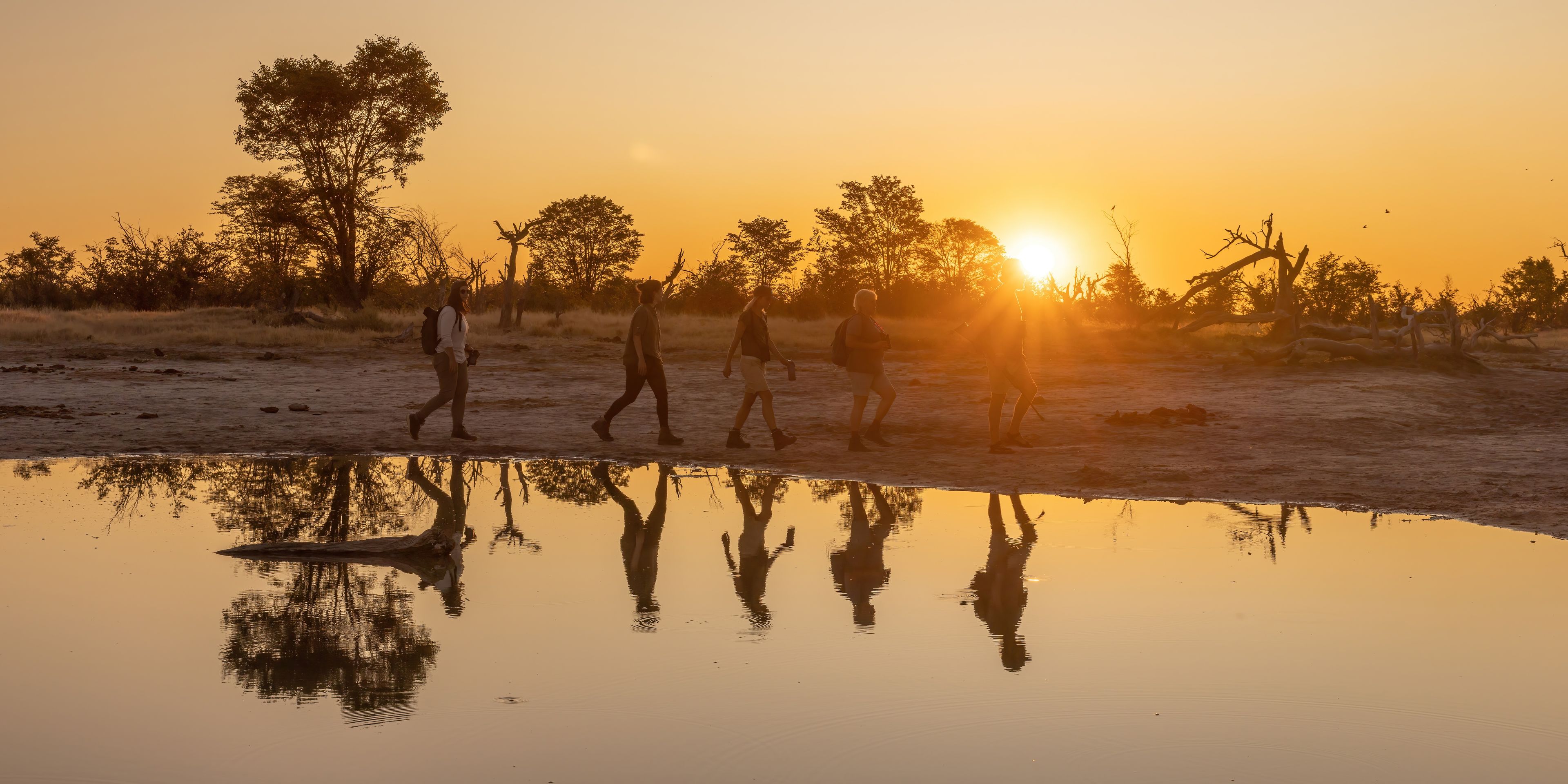 Gruppe wandert durch die Landschaft des OKavango Deltas