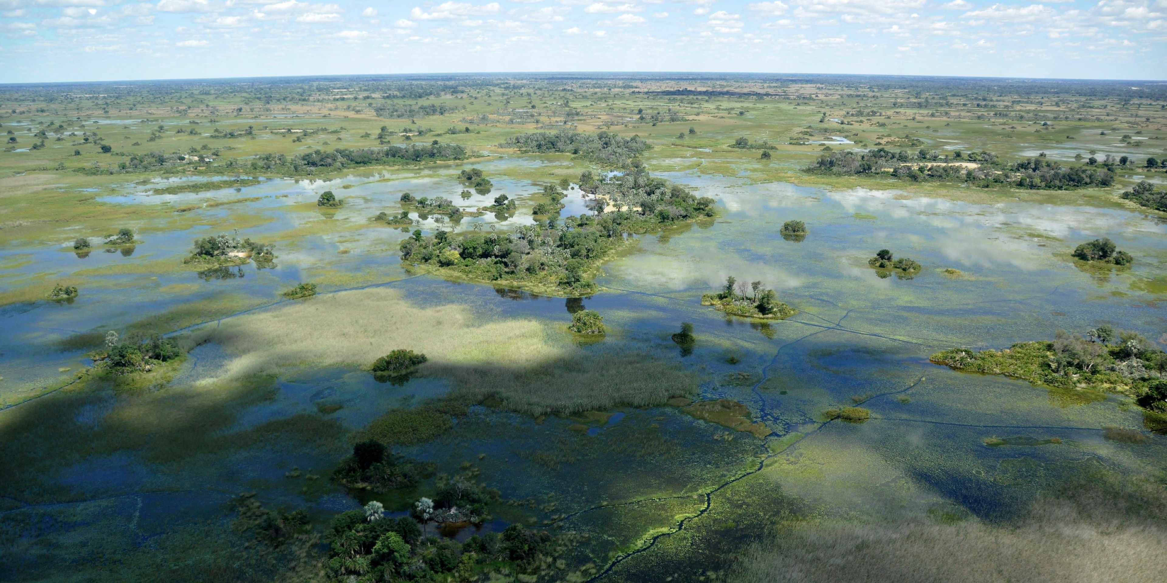 naturreisen-okavango-wilderness-experience-delta-aerial-shot-water